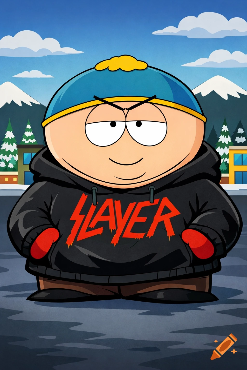 Cartoon Eric Cartman from South Park wearing a black 'SLAYER' hoodie and blue hat, standing outdoors in a snowy town.