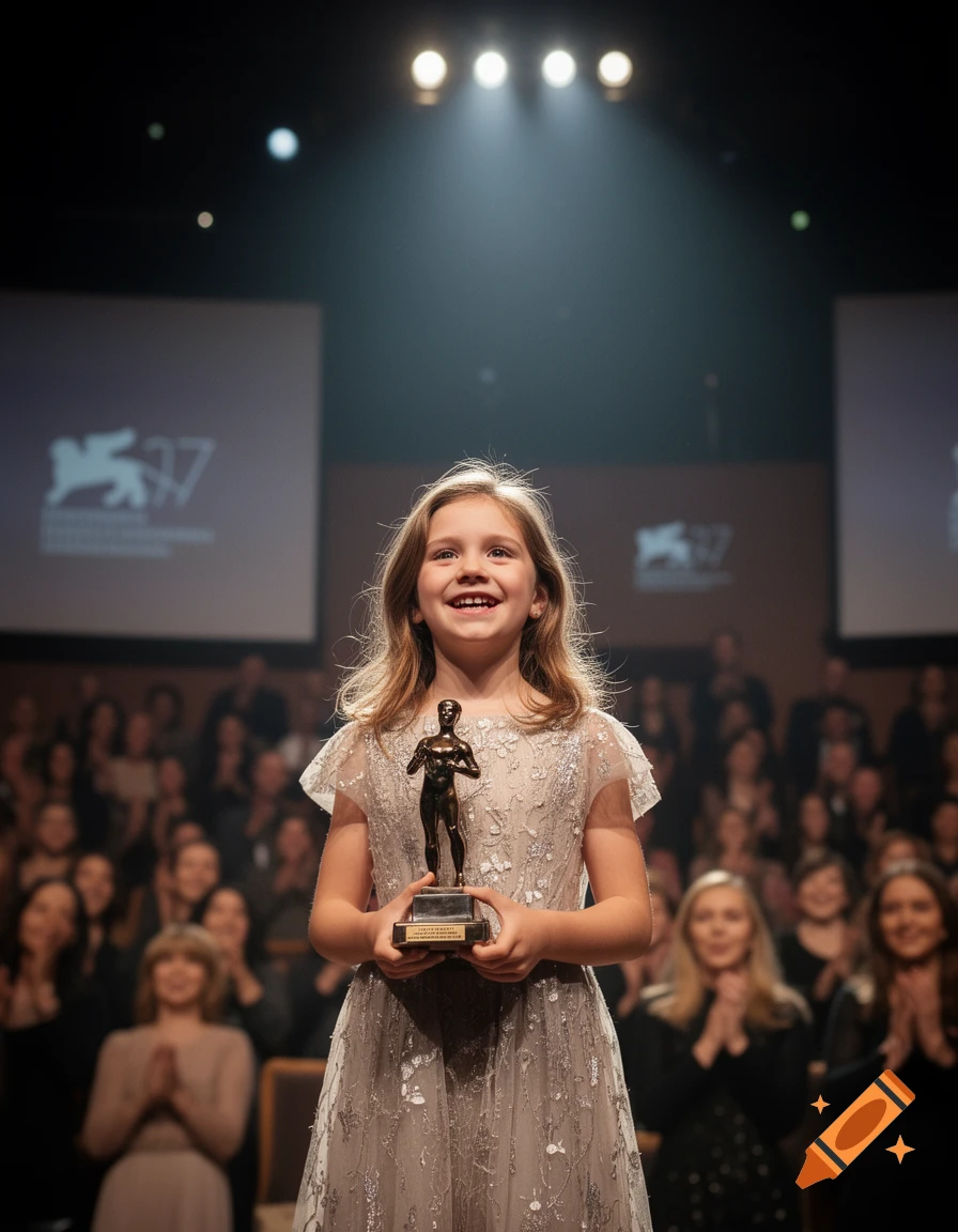 A young girl in a sparkly dress smiles while holding a statuette award on a stage with an audience applauding in the background.