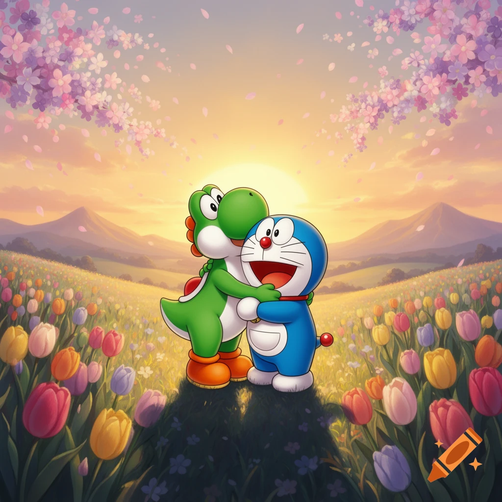Yoshi and Doraemon hug in a vibrant field of colorful tulips under falling cherry blossoms and a sunset sky.