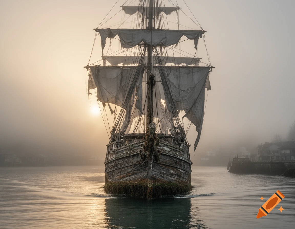 An old, dilapidated wooden ship with tattered sails emerges from a thick mist on the water, with a soft sun glowing behind it.