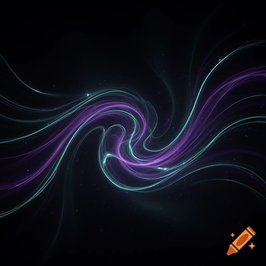 Swirling, glowing lines of purple and cyan light against a dark background.