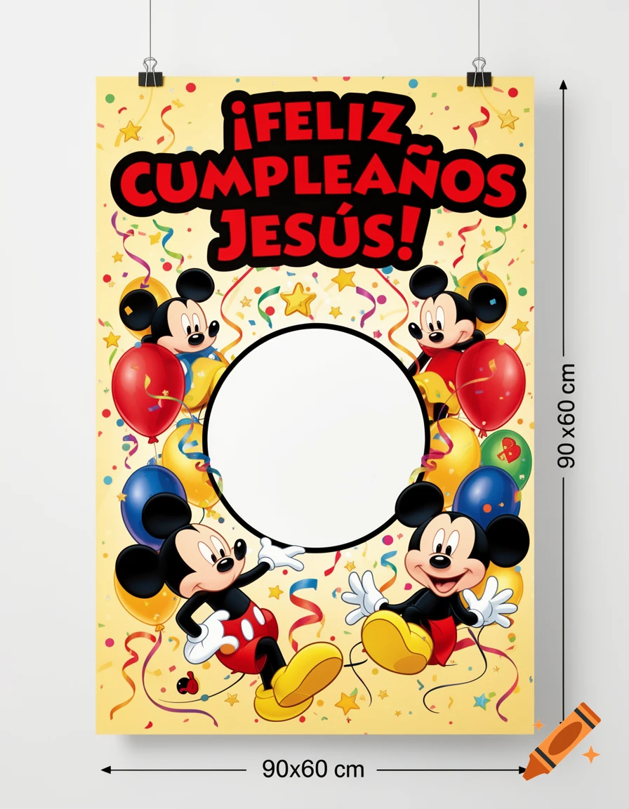 Birthday banner featuring Mickey Mouse characters, balloons, and confetti around a blank white circle with 'Feliz Cumpleaños Jes HUGH!