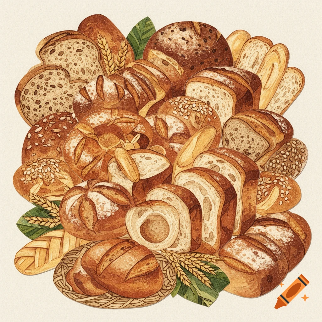 A vibrant collage illustration of various breads and baked goods, featuring loaves, slices, and rolls, alongside wheat stalks.