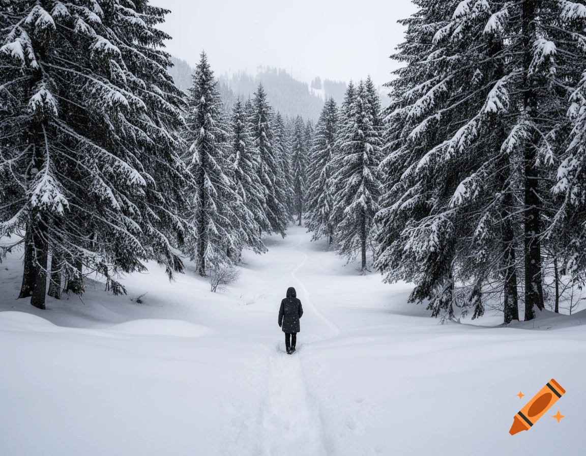 A person walks along a winding path through a snow-covered pine forest ...
