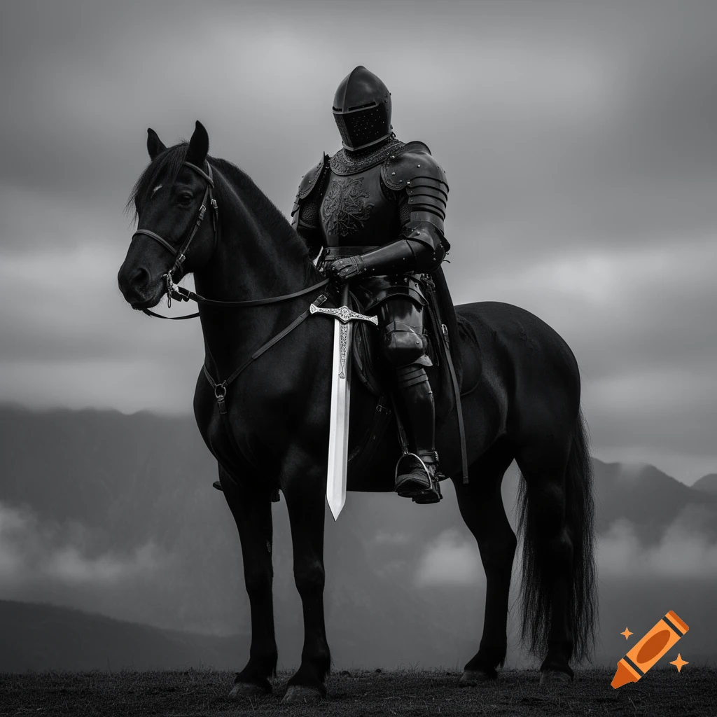 A black knight in dark armor sits on a black horse, holding a large sword, against a cloudy mountain backdrop in monochrome.