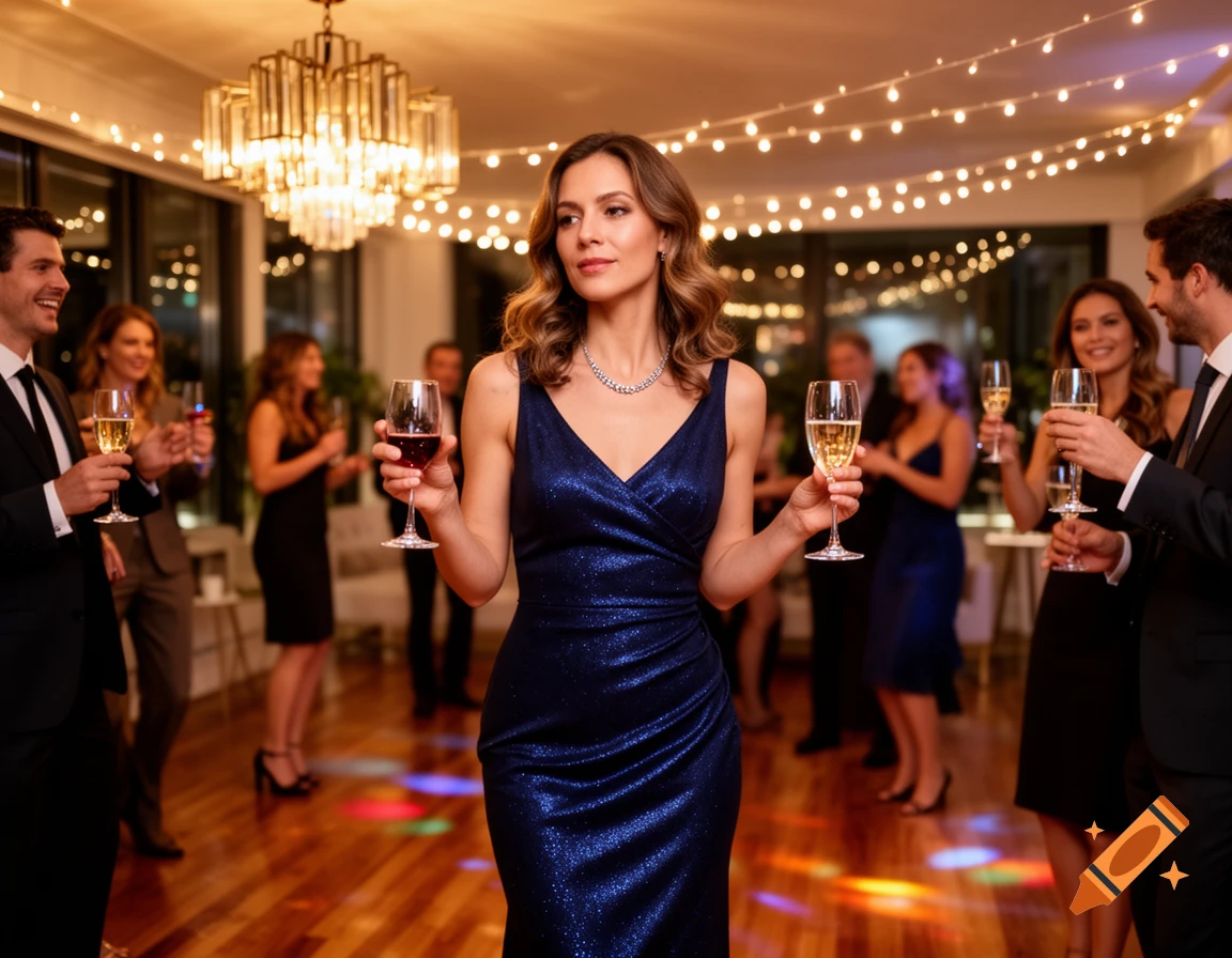 A woman in a sparkling blue dress holds wine glasses at an indoor party with guests.