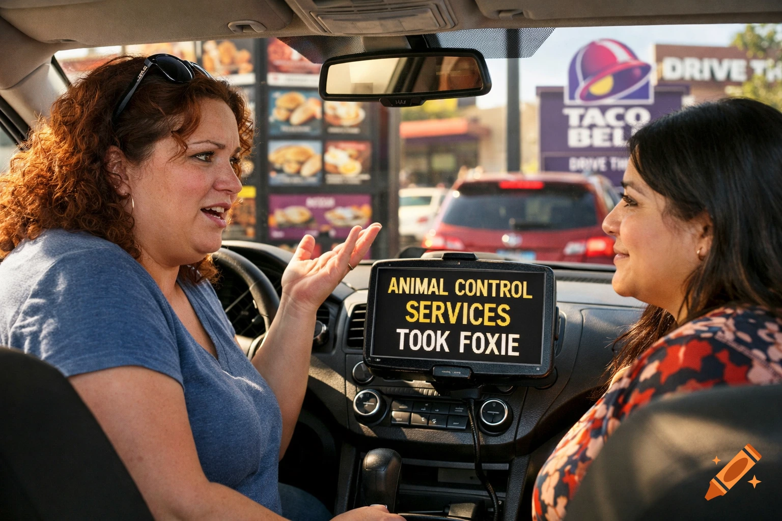A woman with curly red hair talks animatedly to a woman with long dark hair inside a car at a Taco Bell drive-thru. A screen displays "ANIMAL CONTROL SERVICES TOOK FOXIE".