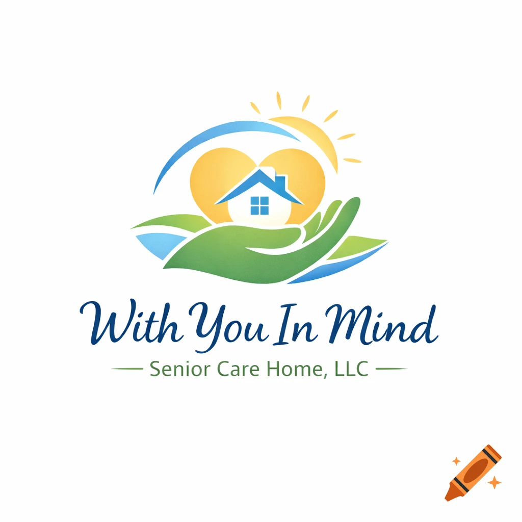 Logo with green hands holding a blue house under a yellow sun, with the text 'With You In Mind Senior Care Home, LLC'.