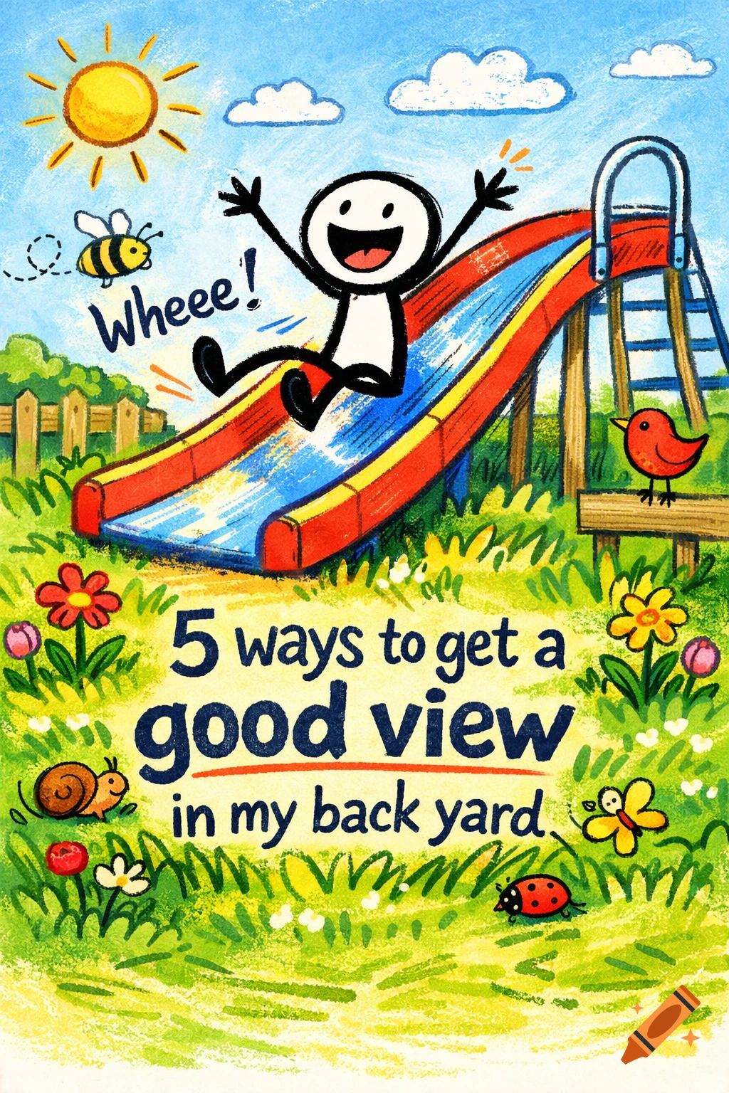 A crayon drawing shows a happy stick figure sliding down a red and yellow slide in a sunny backyard with text "5 ways to get a good view in my back yard".