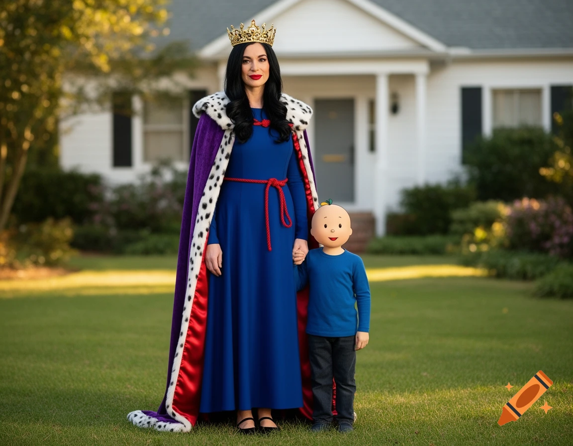 A woman in a queen's gown and crown holds hands with a child-like Caillou figure on a lawn in front of a house.