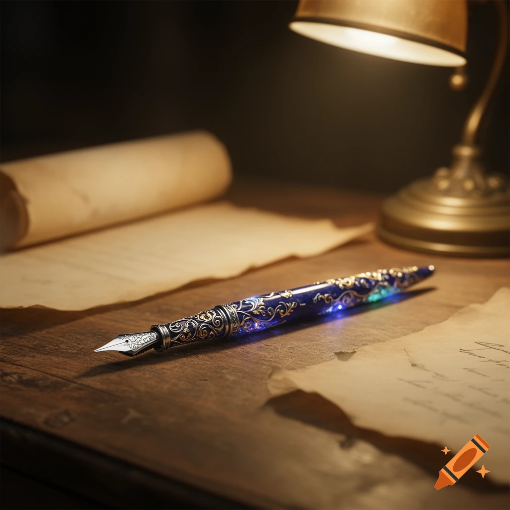A detailed, ornate blue and gold magical fountain pen glows on a wooden desk with old parchment under a warm lamp.