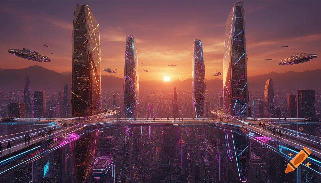 Futuristic cityscape at sunset with glowing neon skyscrapers, elevated ...