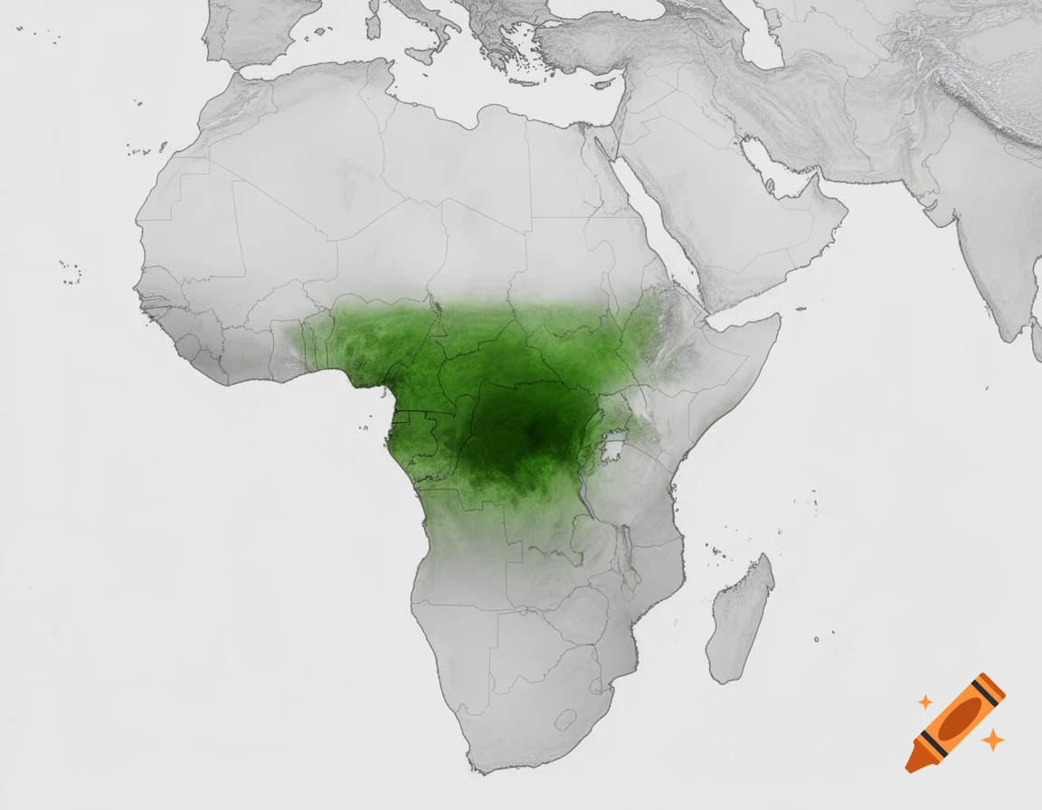 A map of Africa with the tropical rainforest highlighted in dark green around the equator, rest of the continent is light gray.