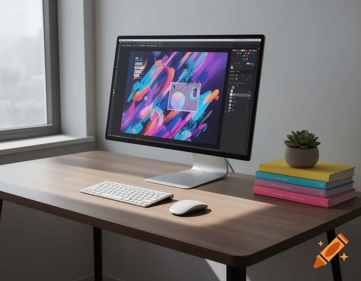A modern desk with a computer displaying graphic design software, a keyboard, mouse, a stack of colorful books, and a succulent plant.