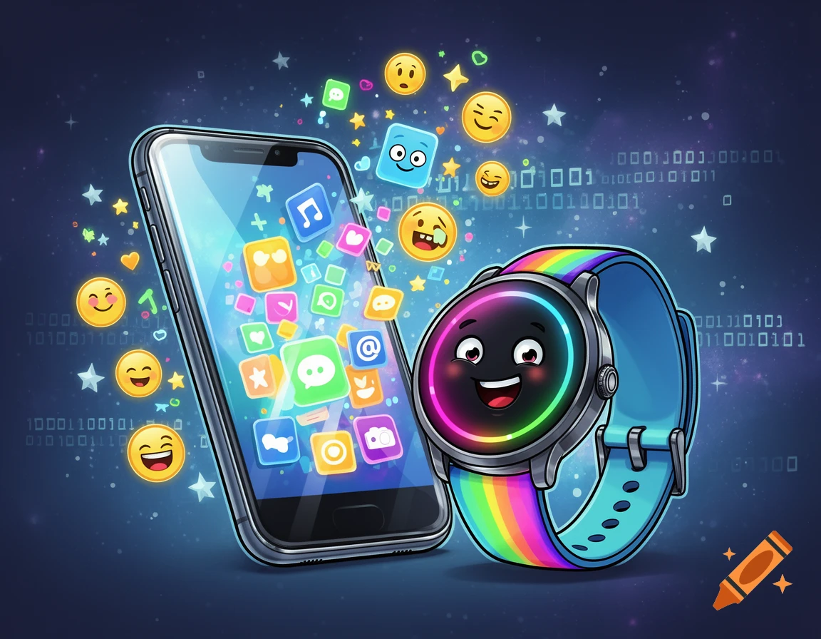 A vibrant cartoon illustration shows a cell phone with colorful app icons and a smiling smartwatch with a rainbow band, surrounded by emojis and stars.