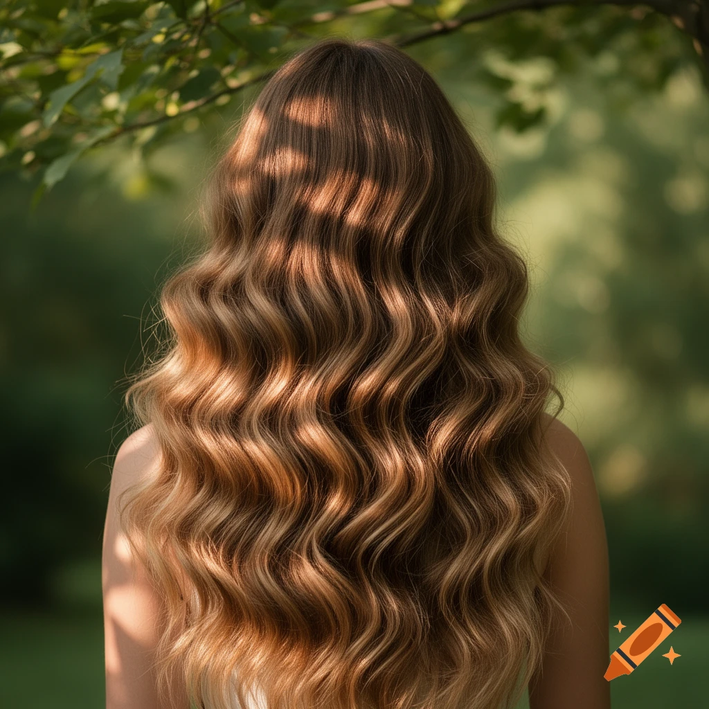 Back of a person with long, wavy brown and blonde hair under dappled sunlight in a lush green outdoor setting.