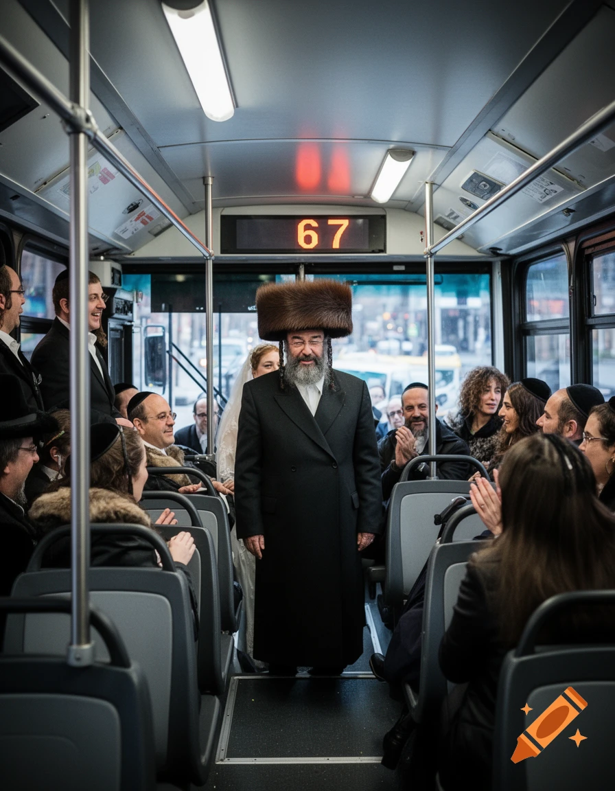 A man in a shtreimel and long coat stands in a bus aisle with a wedding party, people smiling and clapping, bus route 67 displayed.