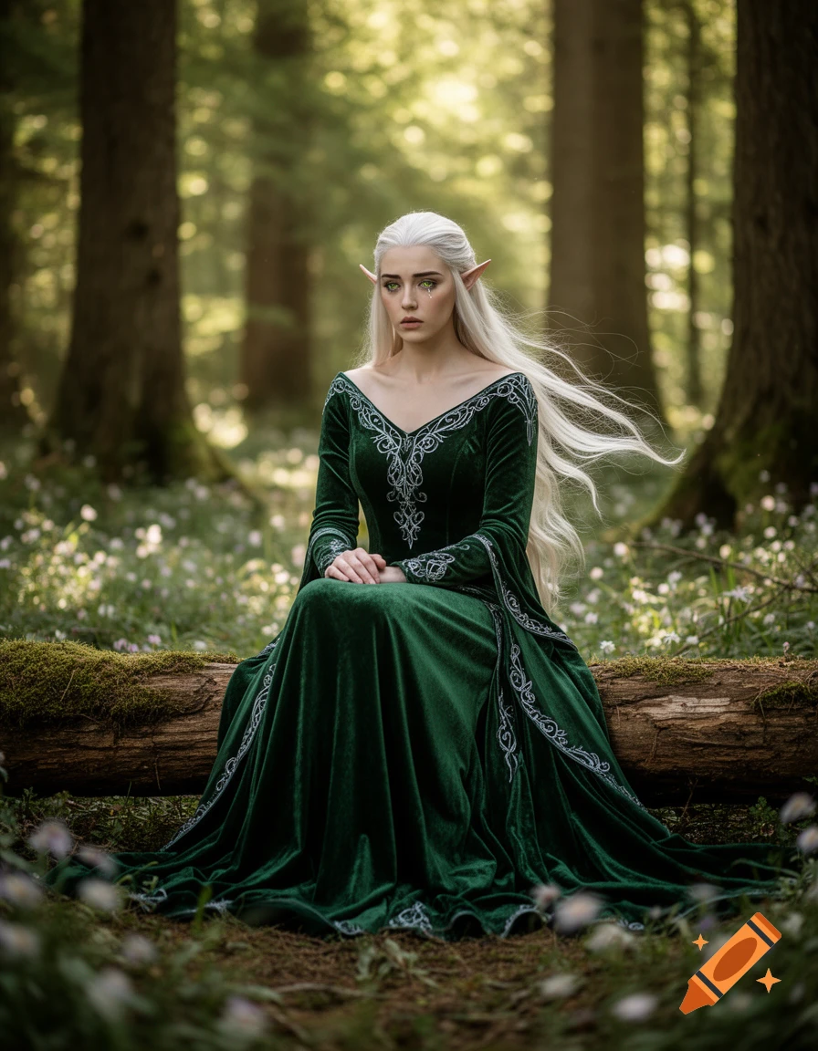 A melancholic elf woman with long white hair and a green velvet dress sits on a mossy log in a sunlit forest.