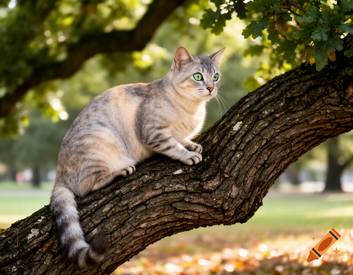 A grey tabby cat with bright green eyes perches on a thick, gnarled ...