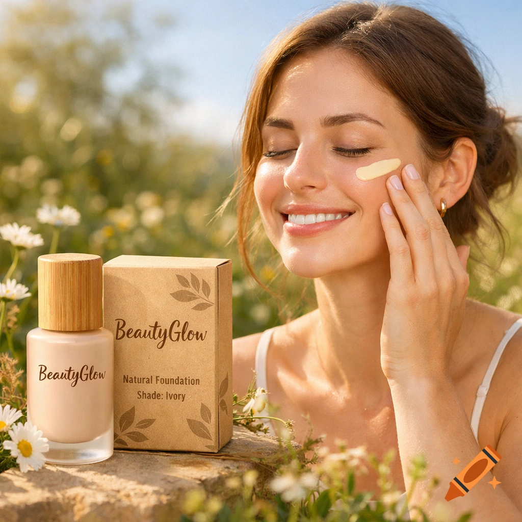 Smiling woman applies 'BeautyGlow' foundation to her cheek in a sunny field of daisies, with the product packaging in the foreground.