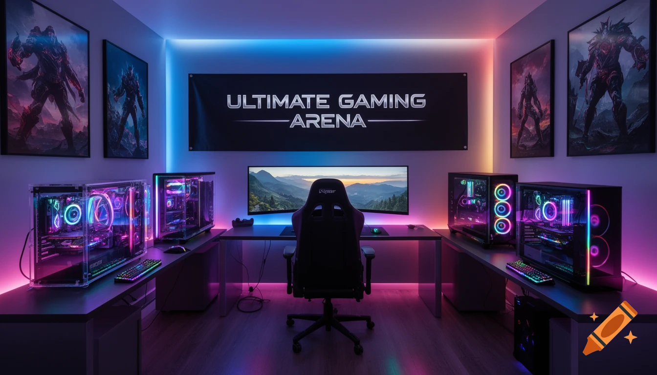 A modern gaming room setup with multiple RGB-lit computers, a large ...