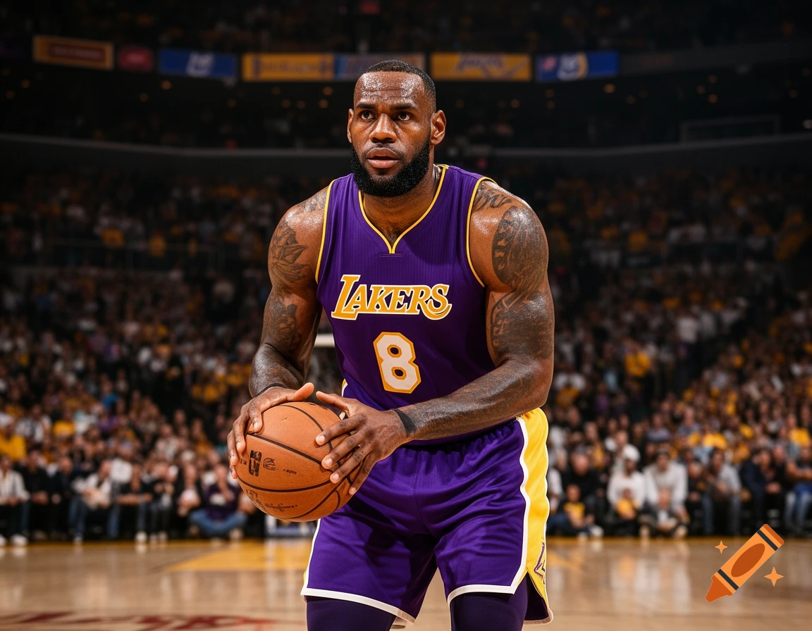Photorealistic image of LeBron James in a purple and gold Lakers jersey with number 8, holding a basketball on the court in a crowded arena.