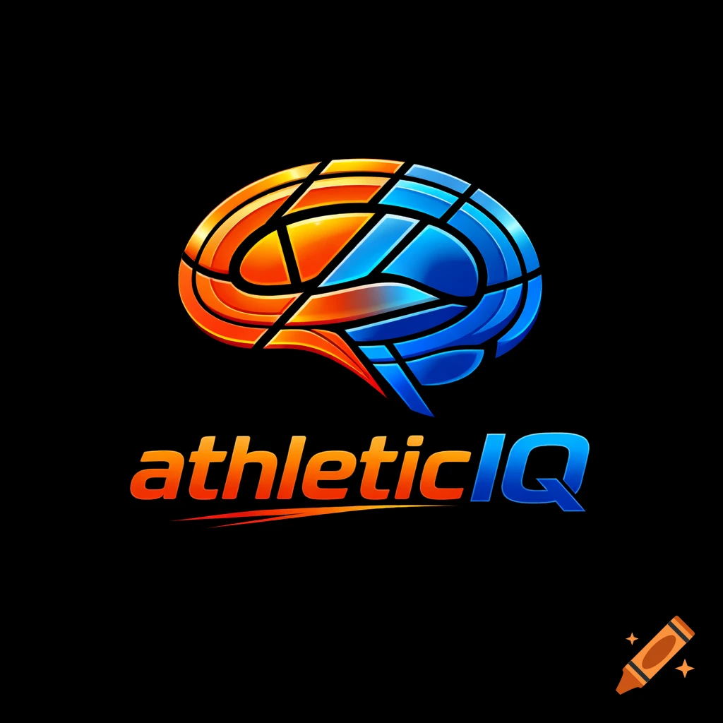 A stylized logo of a brain, split into segmented orange and blue halves, above the word 'athleticIQ' on a black background.
