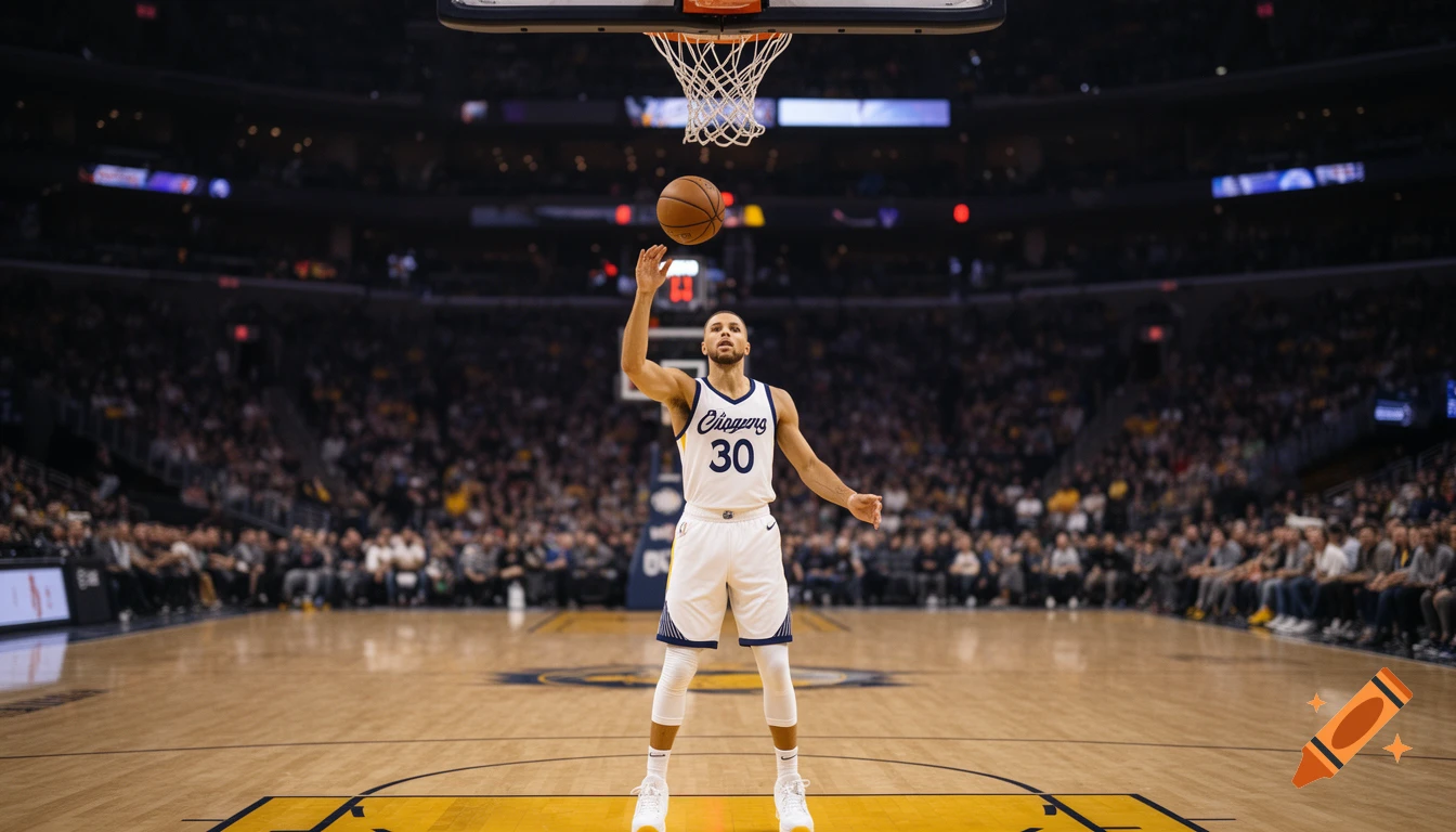 Stephen Curry in a white and blue Clippers jersey shoots a basketball on a court in a stadium full of spectators.