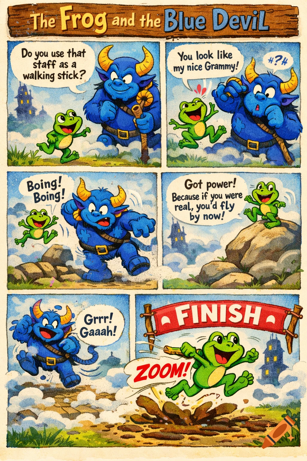 A colorful cartoon comic strip titled 'The Frog and the Blue Devil,' showing a frog and a blue monster in various playful, foggy scenes, including a race to the finish line.