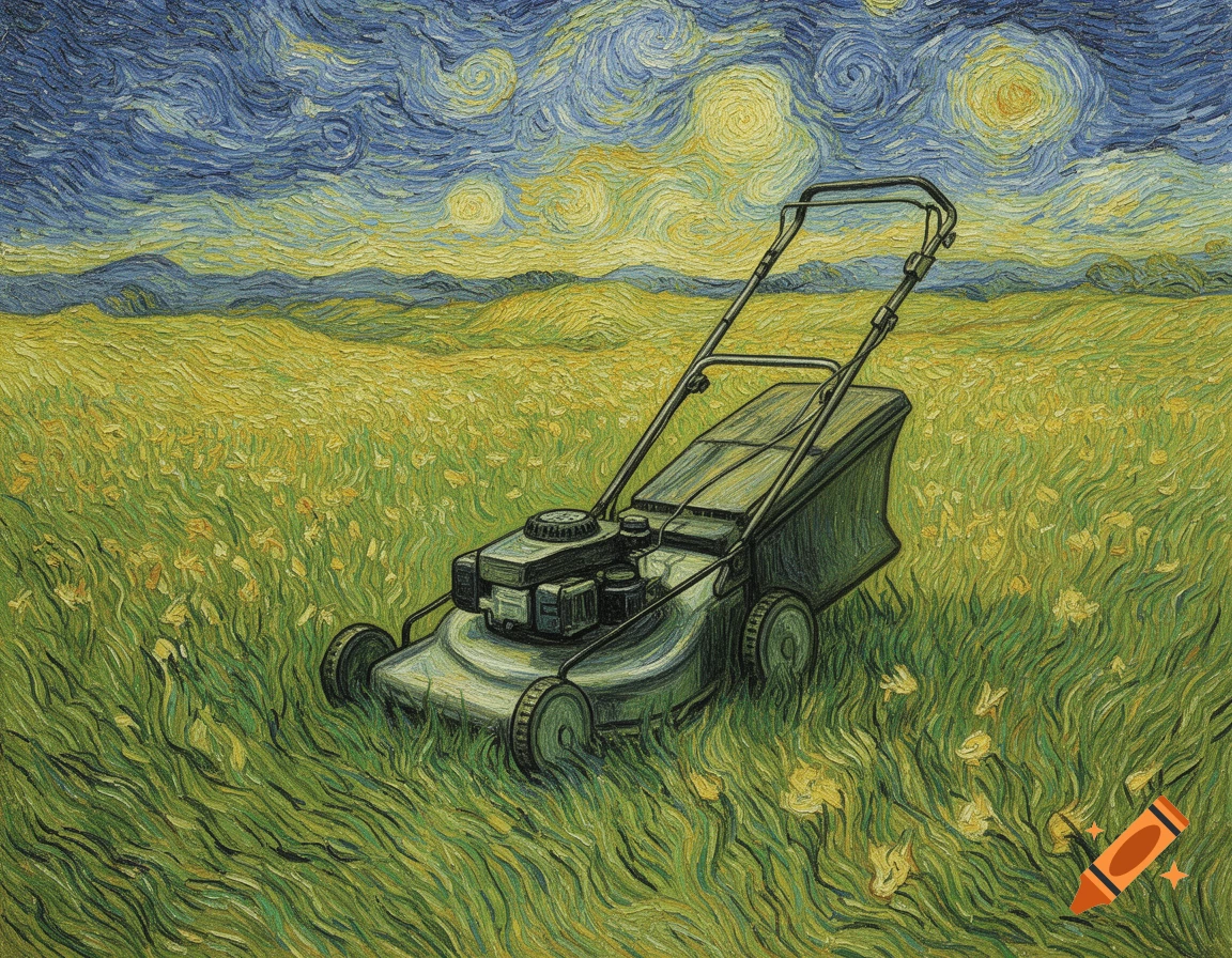 A lawnmower sits in a field of yellow flowers and green grass under a swirling blue and yellow sky, in the style of Van Gogh.