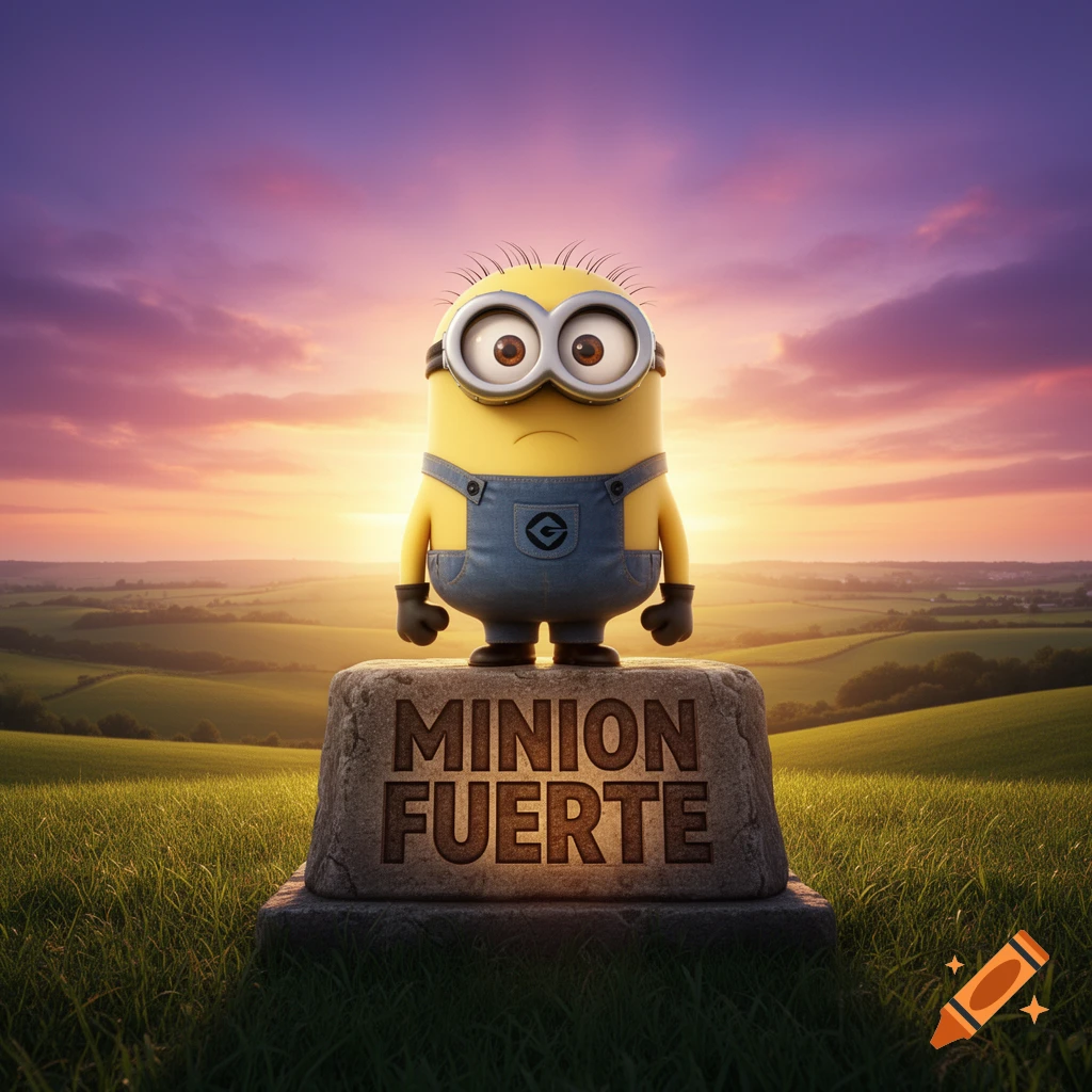 A sad Minion stands on a stone block with "MINION FUERTE" carved on it, against a vibrant sunset over a green field.