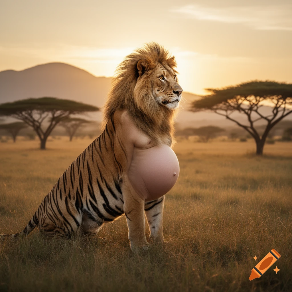 A photorealistic hybrid creature with a lion's head, tiger-striped body, and pregnant human belly sits in a savanna at sunset.