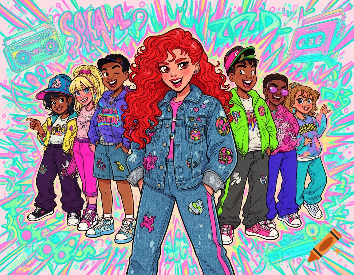 A group of diverse cartoon teenagers in vibrant 90s fashion, led by a red-haired girl in denim, against a colorful graffiti background with boomboxes.