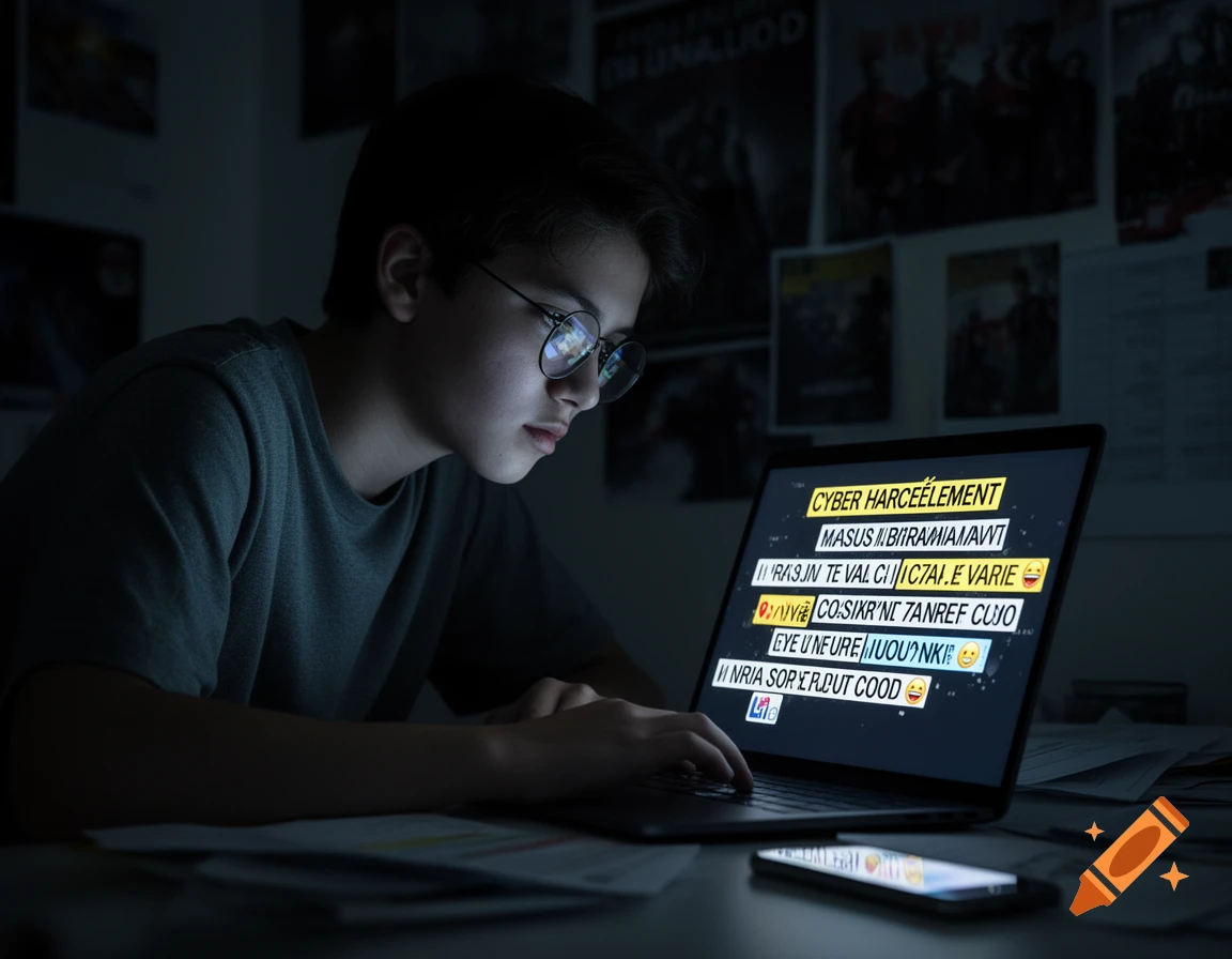 A young person with glasses looks intently at a laptop screen displaying text about cyber harassment in a dark room.