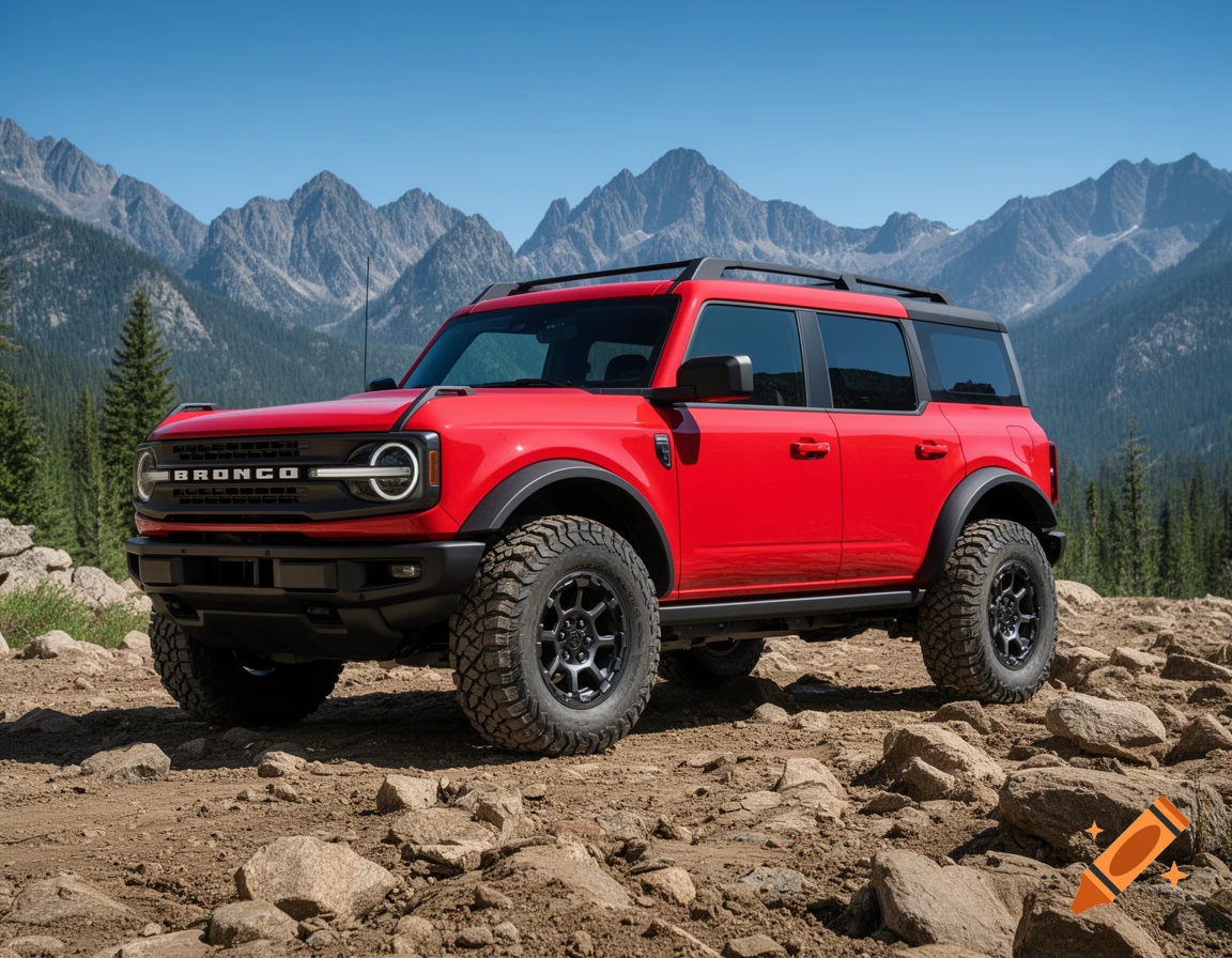 A red Ford Bronco SUV with large off-road tires sits on a rocky mountain trail under a clear blue sky.