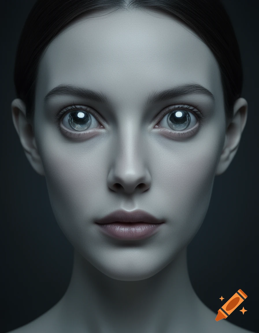 Close-up of a woman's pale, uncanny face with large, glassy eyes, giving a non-human appearance in a dimly lit setting.