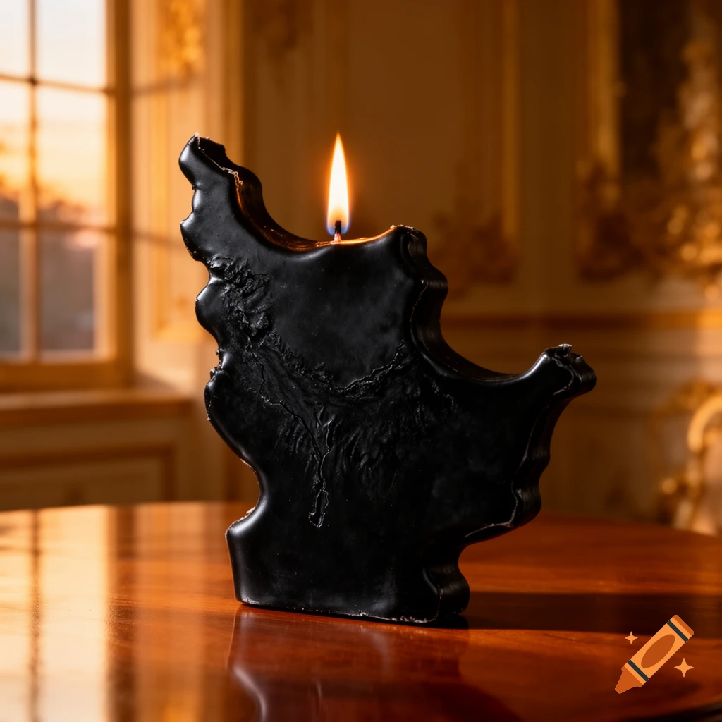 A photorealistic image of a lit black candle shaped like the country of Iran, sitting on a polished wooden table with a blurred window and wall in the background.