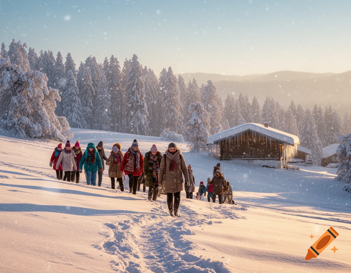 A group of people hike through a snowy winter landscape with snow ...