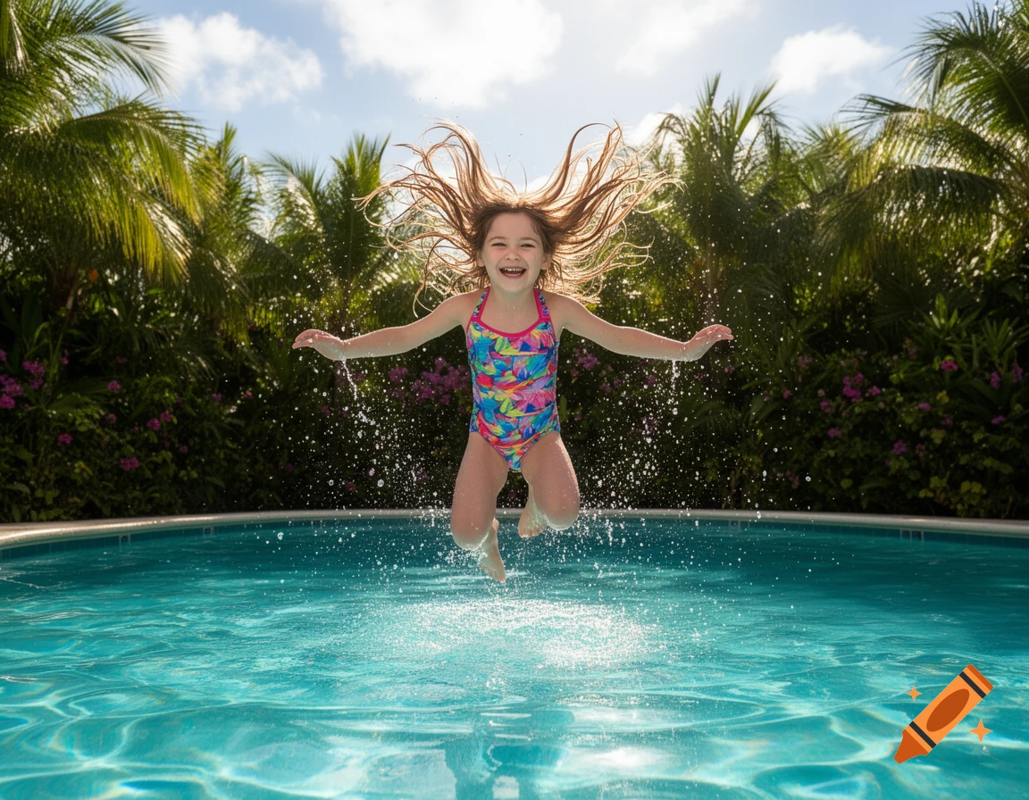 Joyful young girl jumps out of a pool with hair flying, splashing water, in a tropical setting with palm trees.