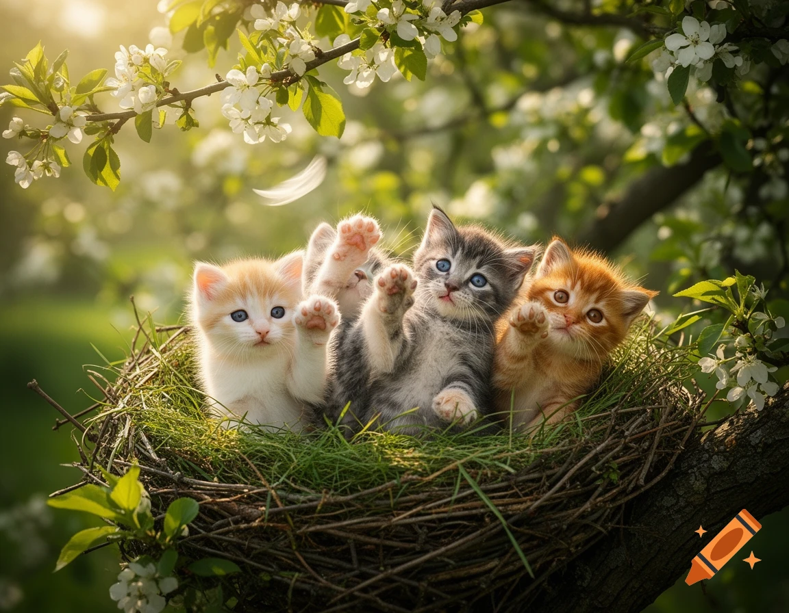 Three fluffy kittens in a bird's nest in a blooming tree, bathed in golden sunlight, two raising their paws.