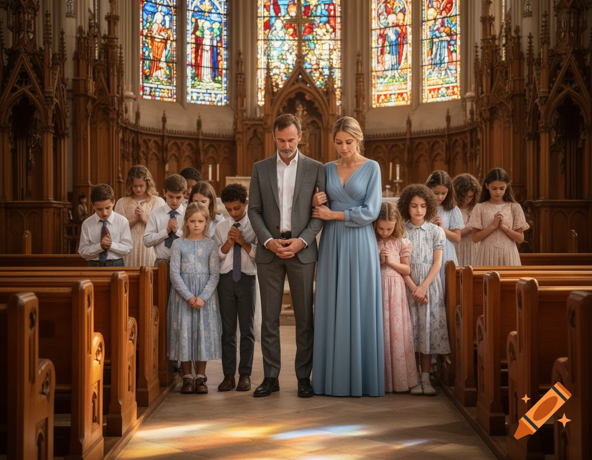A family with parents and many children stand and pray in a grand, ornate church with stained glass windows.
