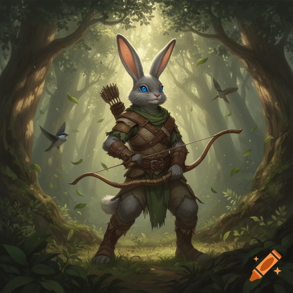 A gray rabbit-like ranger with bright blue eyes, wearing leather armor and holding a bow, stands in a lush green forest with birds flying.