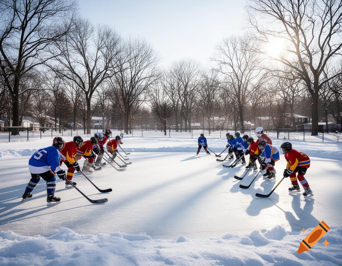Children playing ice hockey on an outdoor rink surrounded by snow and trees under a clear, sunny sky.
