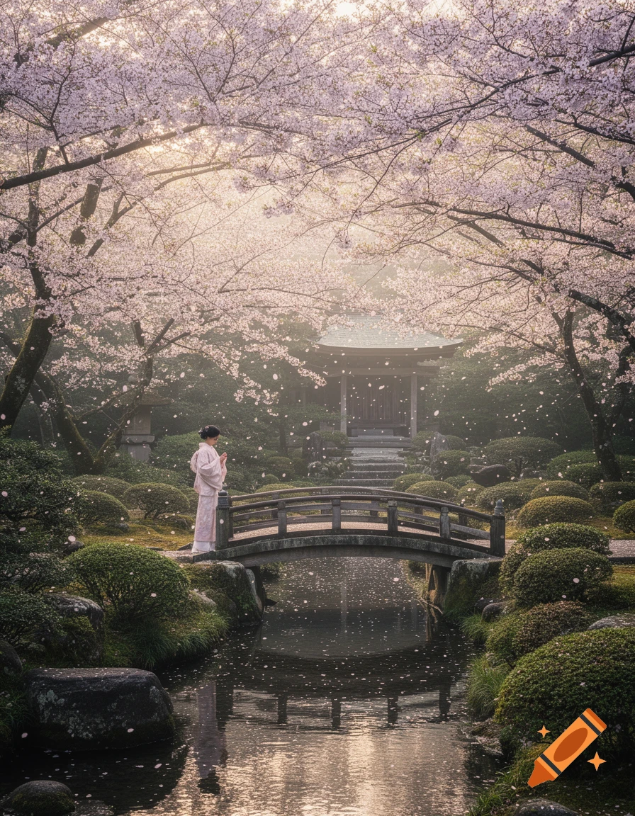 A woman in a kimono stands on a stone bridge over a stream in a misty Japanese garden with falling pink cherry blossoms.