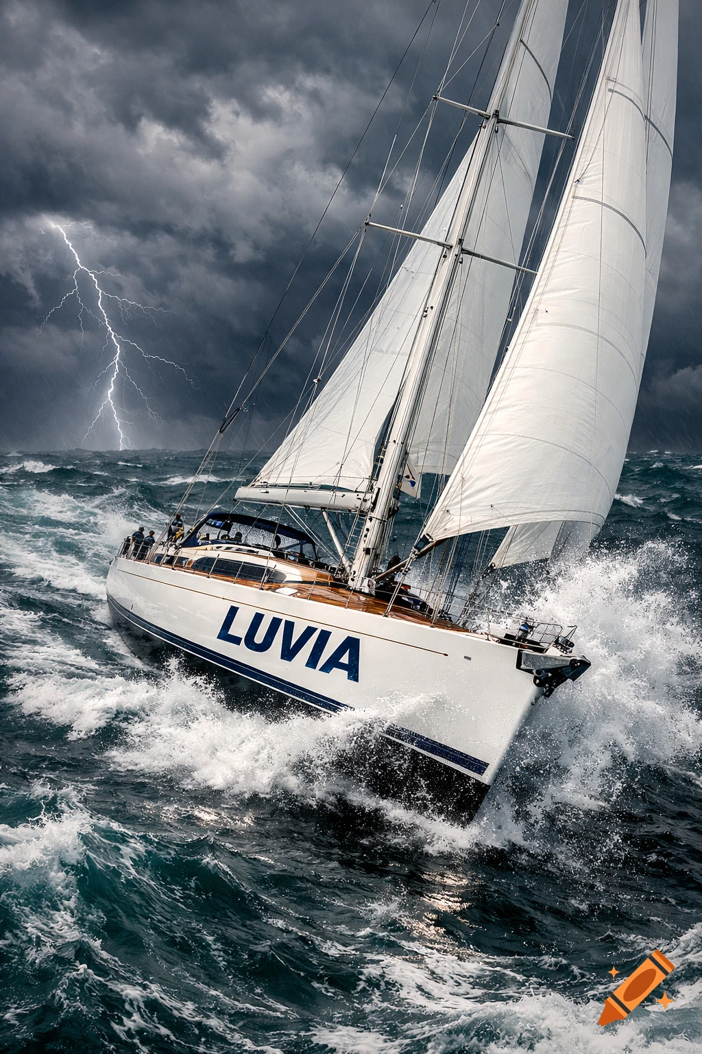 Photorealistic sailboat 'LUVIA' sails through raging waves under a dark, stormy sky with a lightning strike.