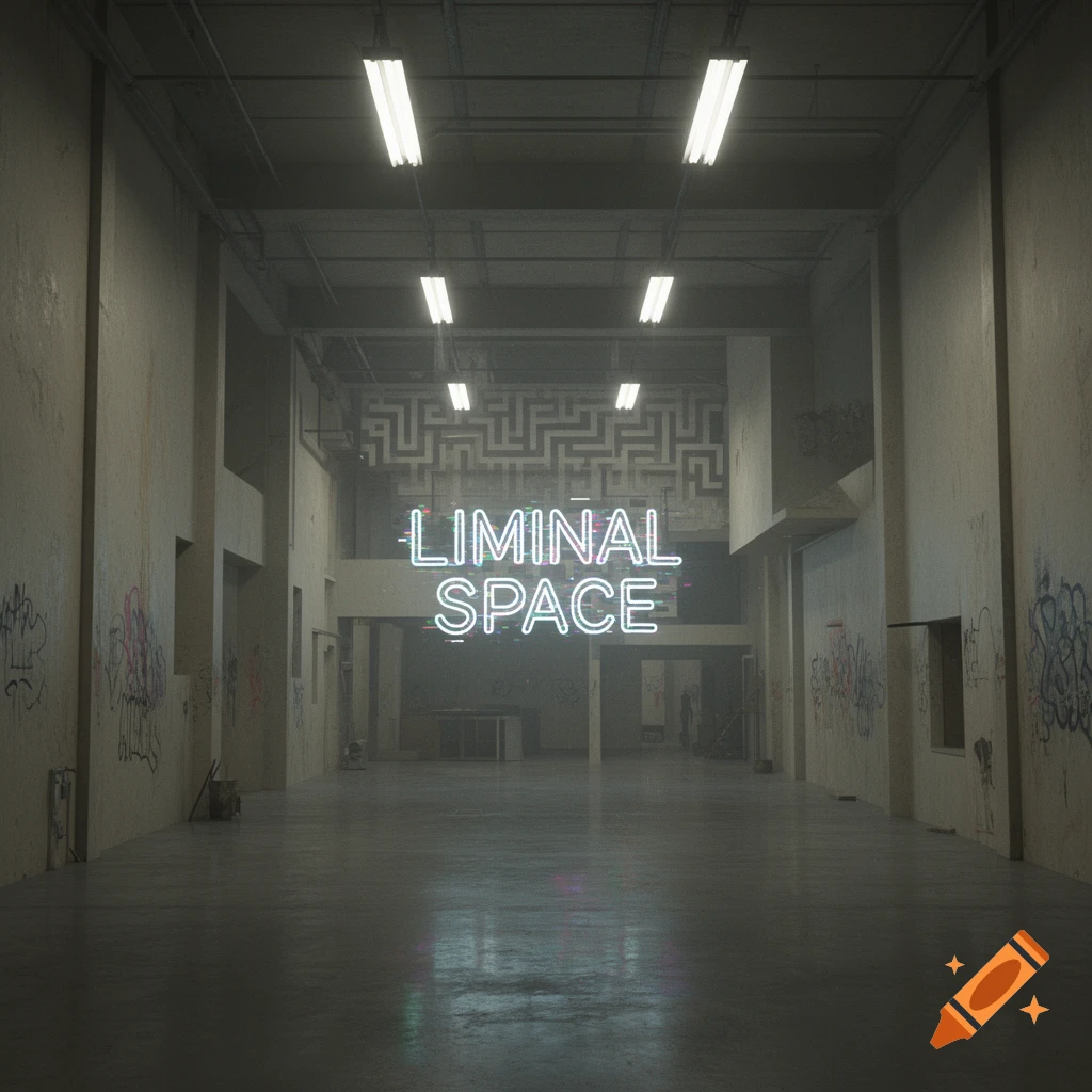 A dark, empty concrete building interior with graffiti, lit by fluorescent lights and a glowing neon sign reading "LIMINAL SPACE" with glitch effects.