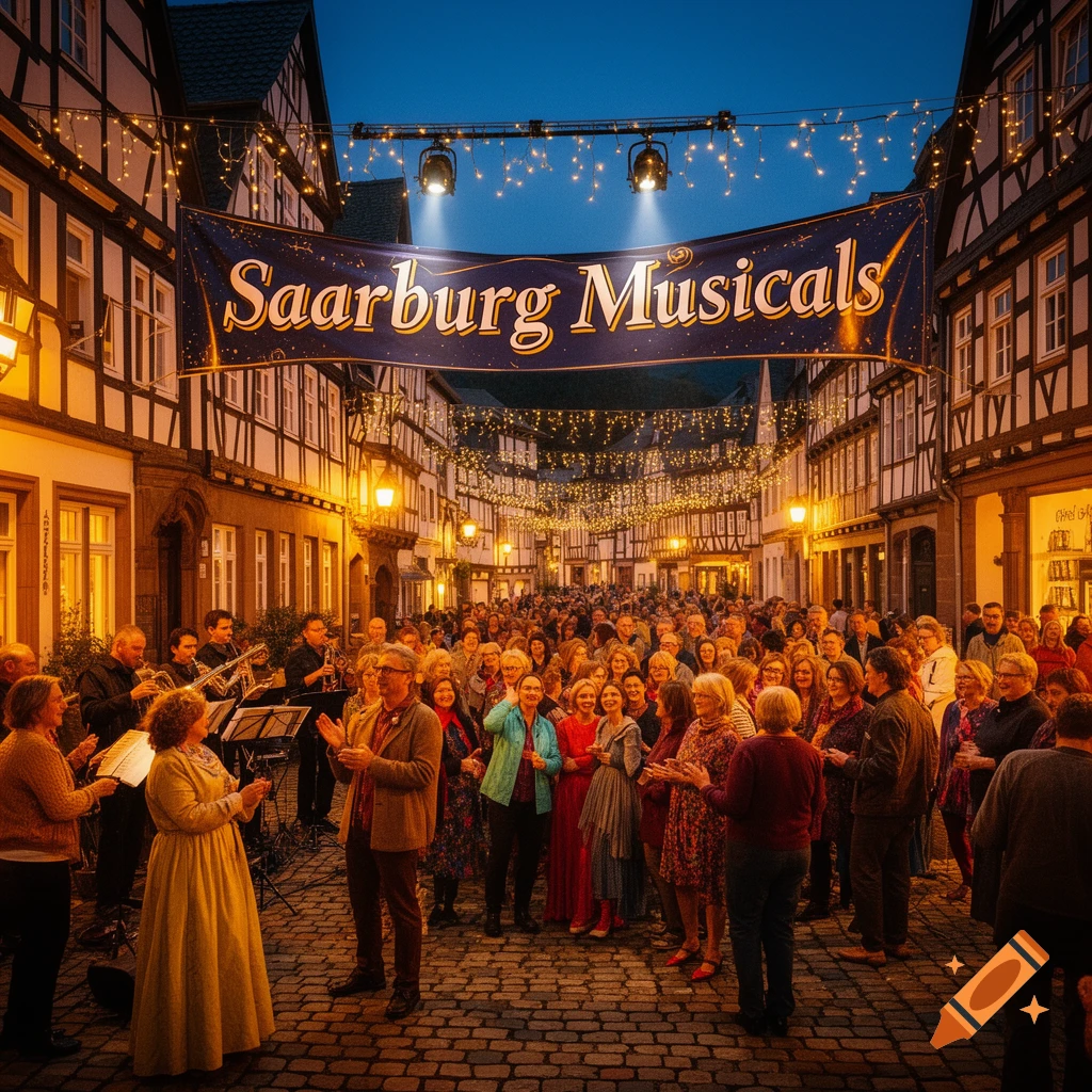 A lively night scene in a historic town with a crowd watching a musical performance under a 'Saarburg Musicals' banner.
