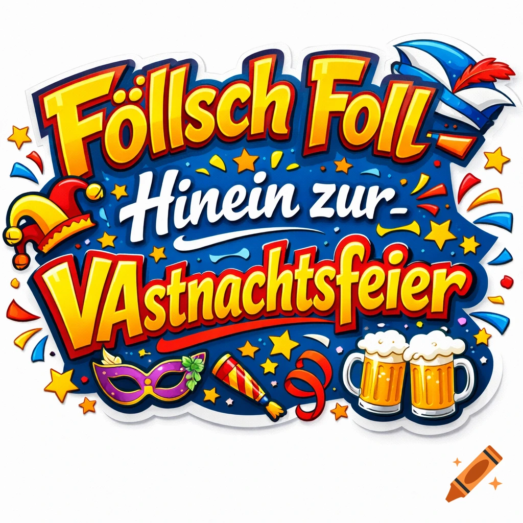 Colorful comic-style carnival door sign with text "Föllsch Foll Hinein zur VAstnachtsfeier", jester hat, mask, beer mugs, and confetti on a blue background.