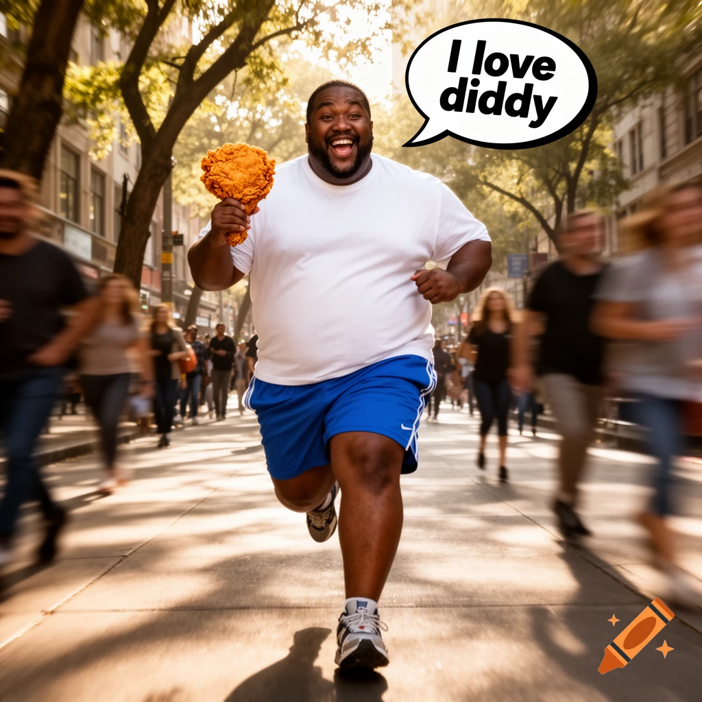 A joyful man runs down a bustling city street, holding a large piece of fried chicken, with a speech bubble saying 'I love diddy'.