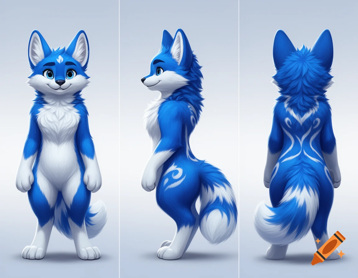 Digital illustration of a blue and white anthropomorphic fox character in front, side, and back views, featuring tribal patterns.